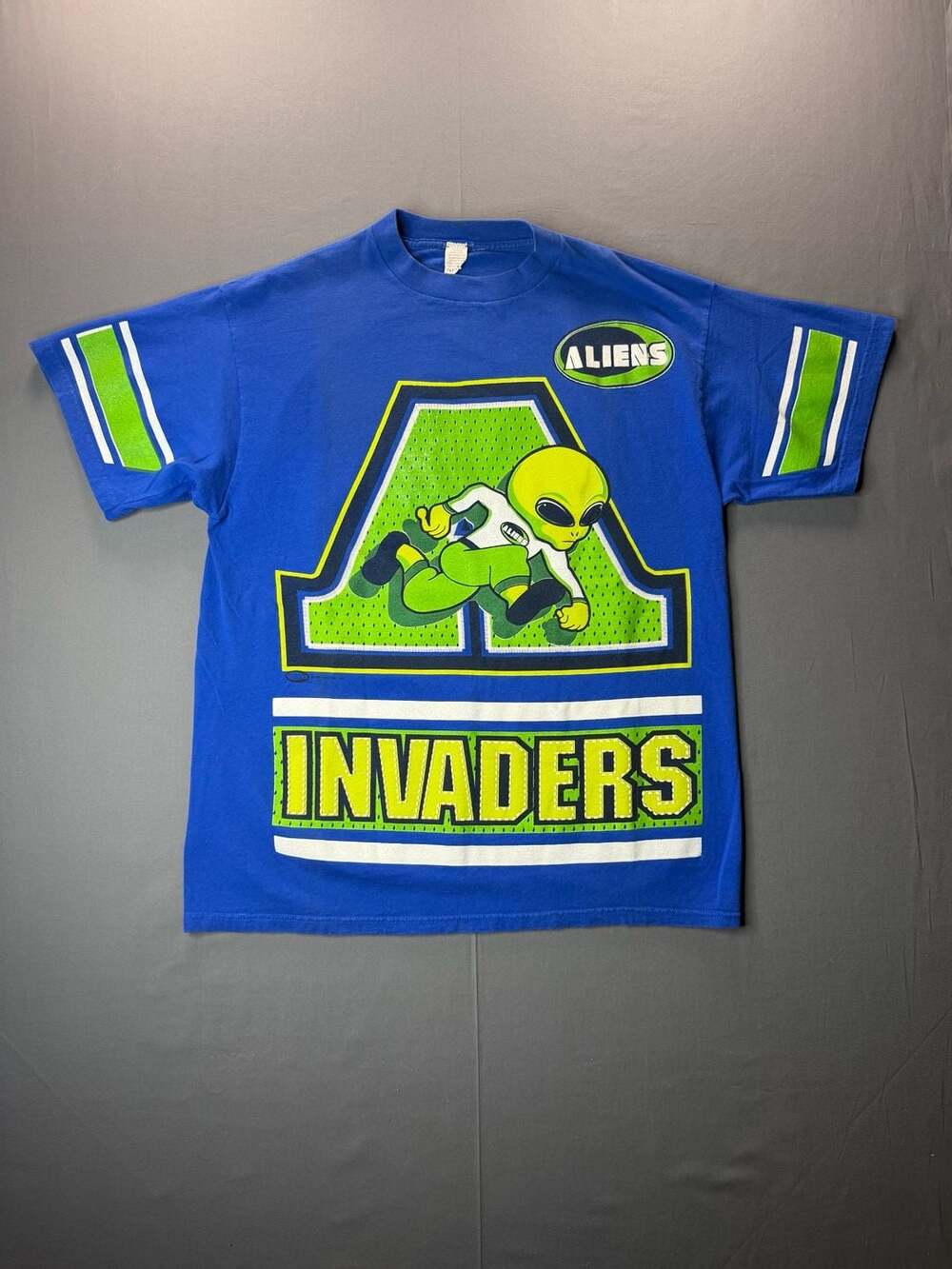Vintage 1997 LOGOTEL Alien Invaders Jersey T-Shirt Blue Men’s XL